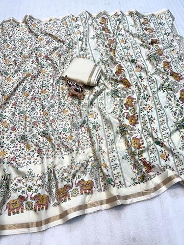 Image of Kalamkari Floral Prints Dola Silk Saree With Rich Zari Border Designer Pallu Attach Blouse Piece