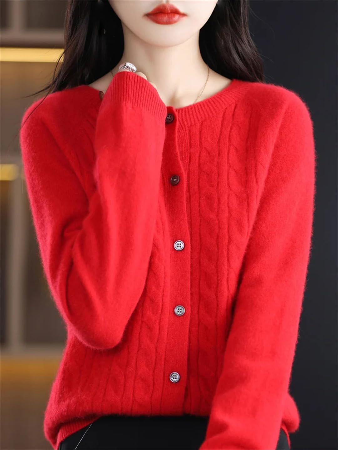 Maglione di lana merino del cachemire del O-Collo delle donne del cardigan lavorato a maglia maglieria ritorta