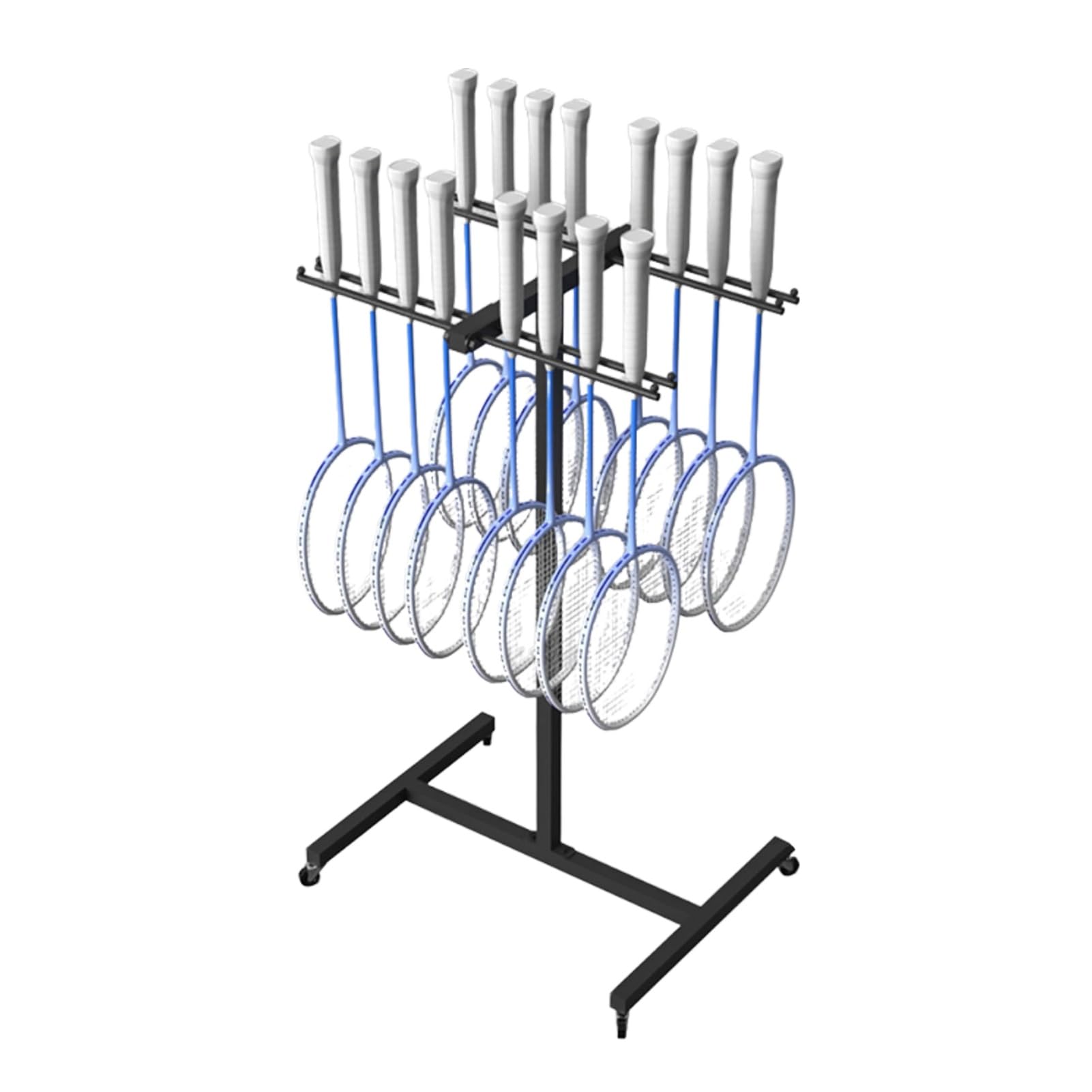 Support raquettes tennis et badminton noir en métal meuble sur pied charge 15 kg