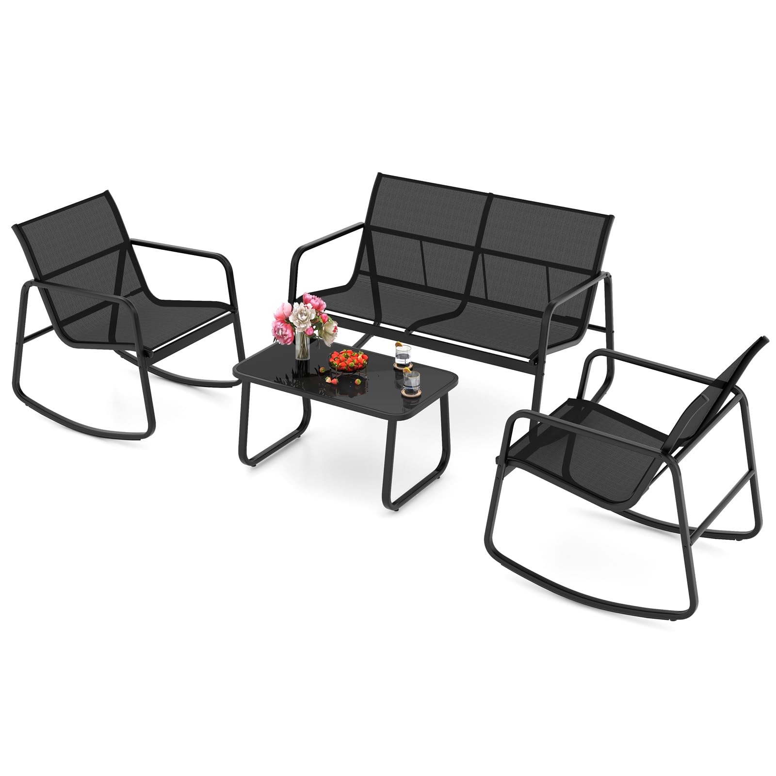 KOMFOTTEU Set da Bistrò in Tessuto Textilene, Set da Giardino in 4 Pezzi, Tavolo Portato 50 kg, 2 Sedie a Dondolo Portate 150 kg, e Divanetto Portato 300 kg, Set Tavolo e Sedie da Esterno (Nero)