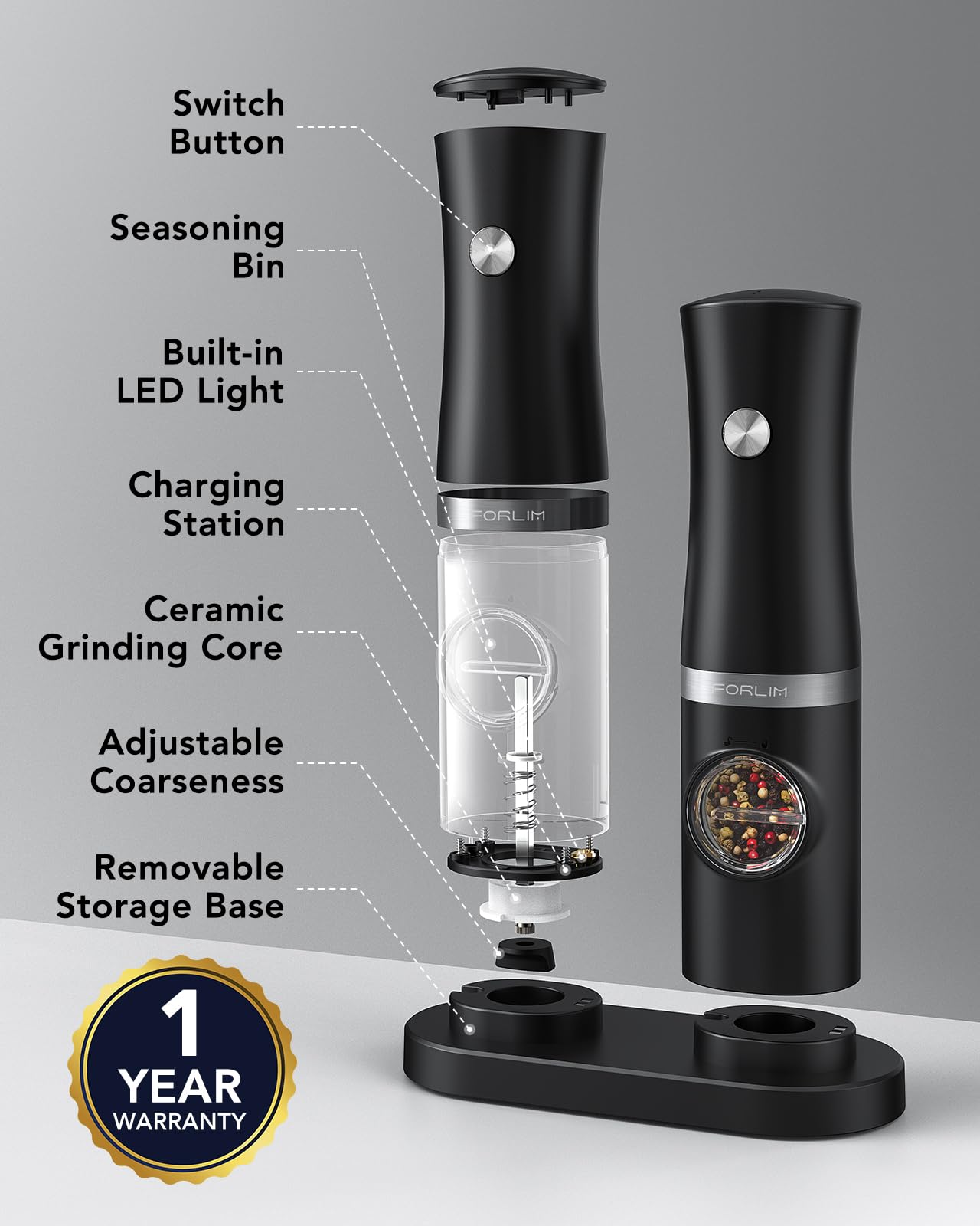 Pepper Grinder Premium Gravity Electric Salt And Set Of 2 Battery Powered Salt  Shakers Automatic One Hand Mills Led Light Adjustable Coarseness Black Salt  Grinder, image size:1280x1600