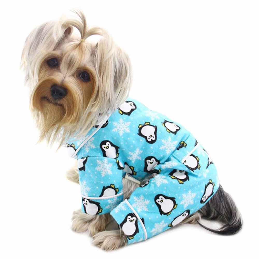 Penguins & Snowflake Flannel Dog Pajamas/Bodysuit/Loungewear - Turquoise - MEDIUM
