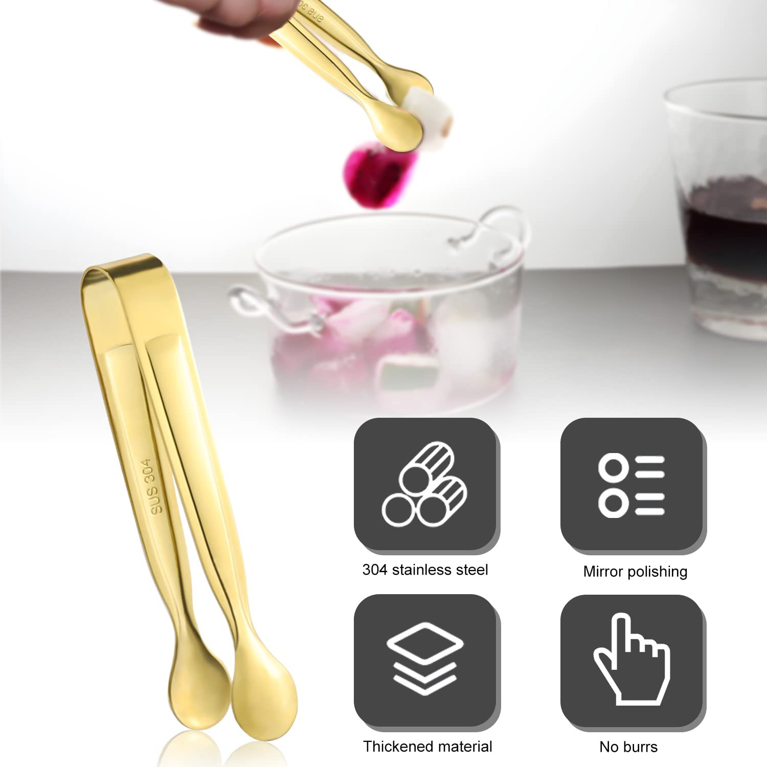 Pinzas pequeñas para azúcar, 8 unidades, color dorado y acero inoxidable, se pueden utilizar para dulces, pinzas para servir, pinzas de cocina, pinzas para cubitos de hielo