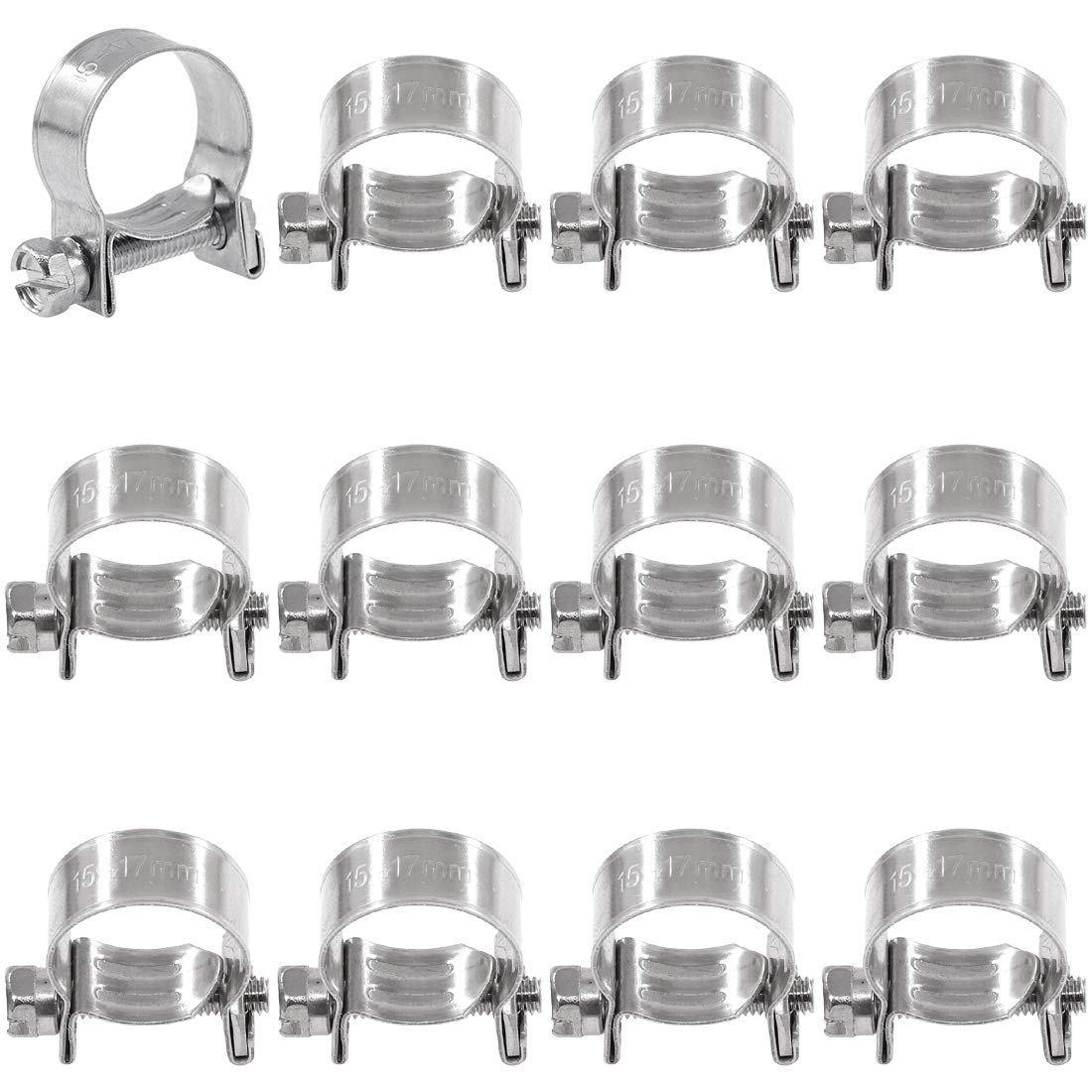 Swpeet 12Pcs 15MM-17MM 304 Stainless Steel Mini Fuel Injection Line Style Hose Clamp Assortment Kit Perfect for Automotive, Agriculture, Plant &