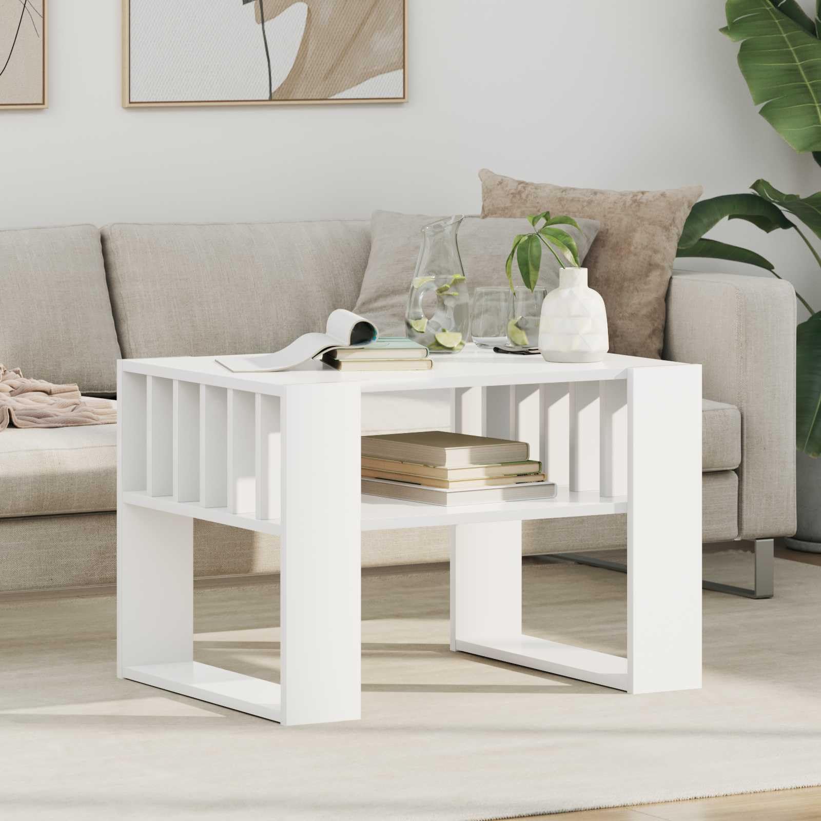 Mesa de centro blanca de 66 x 49,5 x 45 cm, material de madera, moderna mesa de salón con estante y espacio de almacenamiento para salón, habitación de invitados, oficina, pasillo, recepción