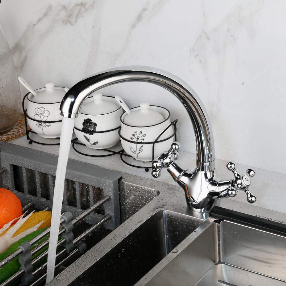 SnamicE 360 Swivel Chrome Brass Kitchen 2 Handles Stainless Steel Stream Spout Kitchen Sink Tap Hot Cold Water Mixer Tap,
