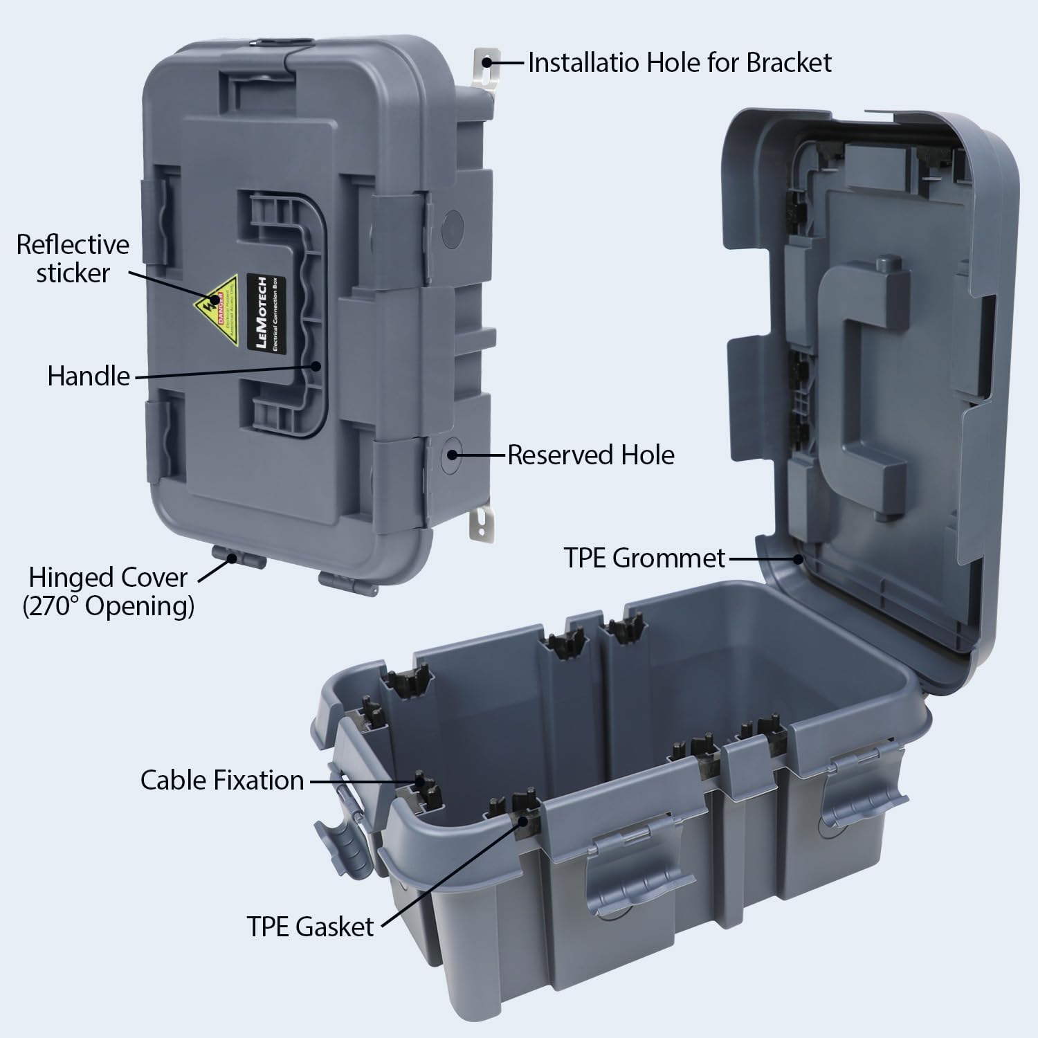 LeMotech Boîte électrique d'extérieur étanche IP55 avec poignée, couvercle de cordon d'extension avec 8 joints de câble, pour prise, minuterie, prise, multiprise, multiprise, gris