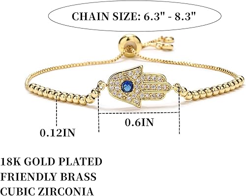 Vista 5 de Evil Eye Bracelets Hamsa Bracelet - 18K Gold Plated Adjustable Eye of Protection Bracelet Silver Evil Eye Amulet ojo Bracelet Gold Evil Eye Jewelry