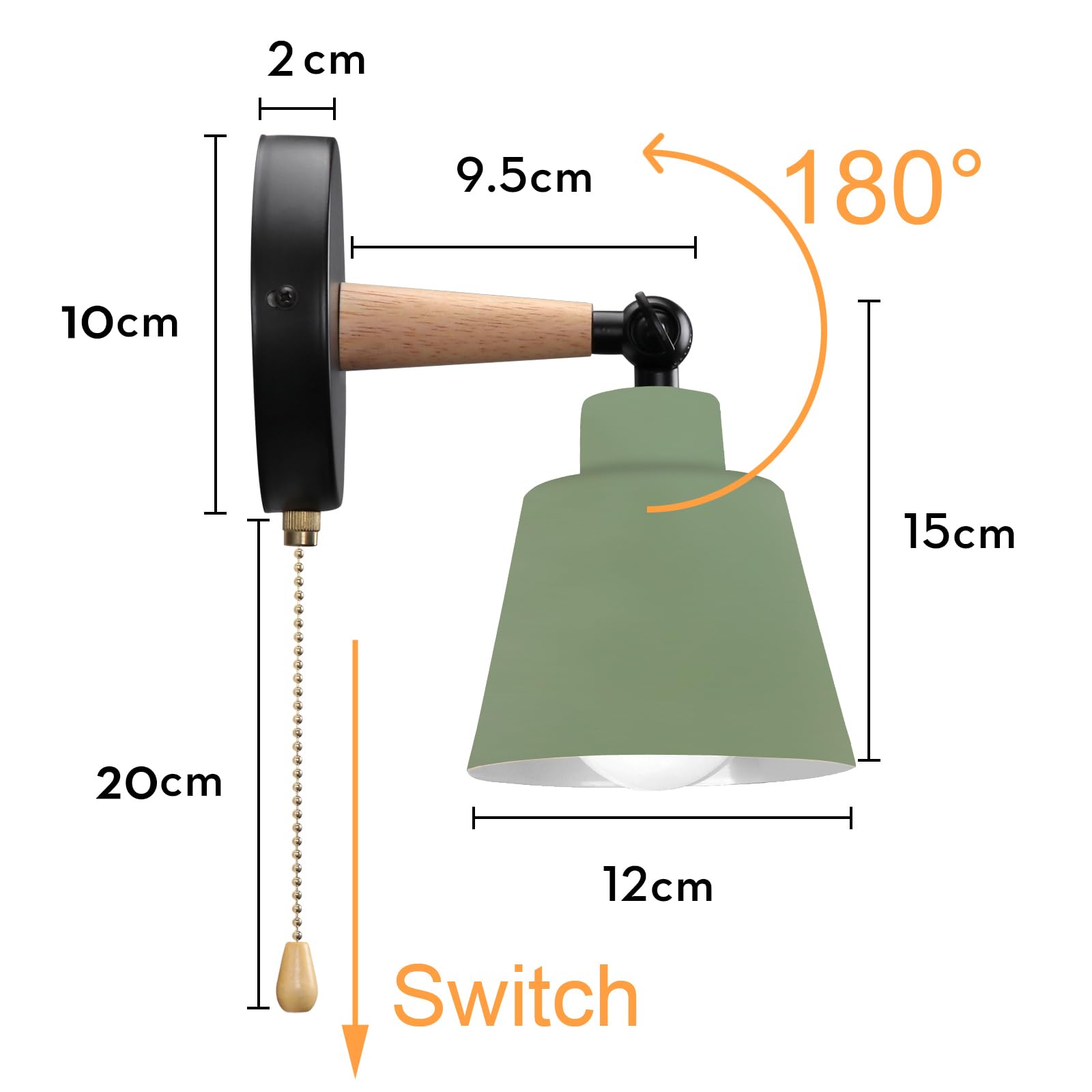 iDEGU Lot de 2 Applique Murale Rétro Vintage E27 Luminaire Plafonnier Industriel en Bois Métal Réglable Lampe Murale Interieur avec Interrupteur Applique Moderne pour Chambre Entrée Salon (Vert Olive)