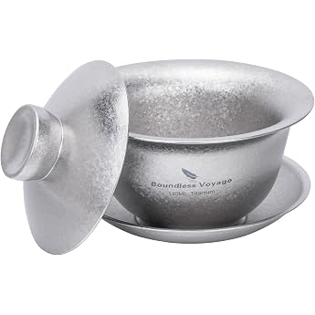 Boundless Voyage Titanium Double Wall Tea Cup 4.4 oz / 130 ml Chinese Gaiwan Tea Bowl with Cover and Plate Set Ti3144-D