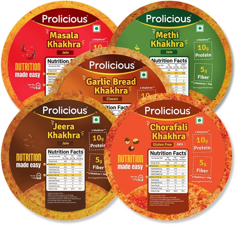 Prolicious 2X Protein Classic Khakhra Combo | Ideal for Weight Management | Plant Based | PCOS Friendly (170g each, Pack of 5)