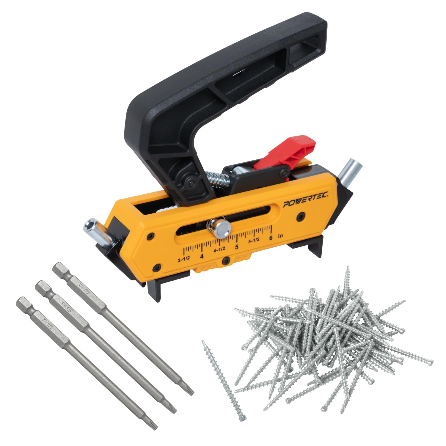 POWERTEC Edge Deck Screw Jig Kit with 250pc #10 x 2-3/8" Screws &amp; T15 Depth-Stop Bit - Hidden Fastener Decking Tool with 3 Spacers for 3.5" to 6" Wood &amp; Composite Decking (72482)