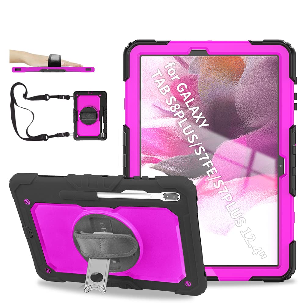 CASZONE Case for Samsung Galaxy Tab S7 FE 12.4 Inch 2021，Samsung Galaxy Tab S7 with Kickstand Galaxy Tab S7 FE Built-in Screen Protector Shockproof Protective Case with Hand Strap Rosered+Black