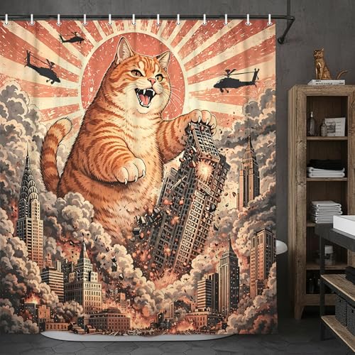 Image of Funny Chubby Orange Cat Monster Shower Curtain, Vintage Japanese Sunset Cityscape Anime Bathroom Decor, Waterproof Fabric Bath Curtain, Fun Animal Shower Curtain for Kid Bathroom, 72x72 Inches