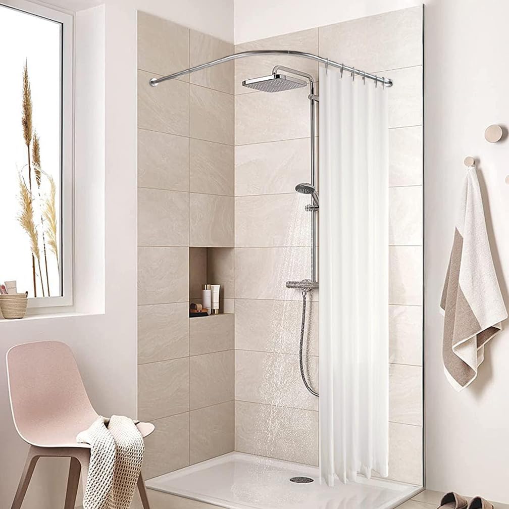 Hershii Adjustable Curved Shower Curtain Rod Wall Mounted L-Shaped Bathroom Corner Curtain Hanger Pole Bath Metal Shower Rail Bar (35.43-51.18) x (35.43-51.18) Inch, Drilling to Install