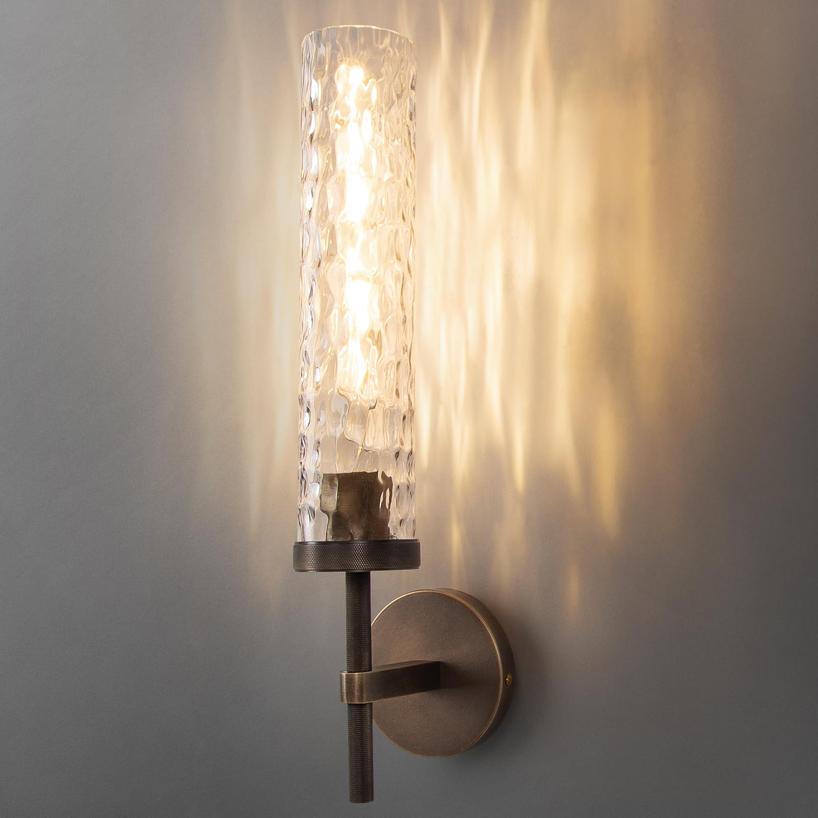 Bronze Wall Sconces, 19.5" Brushed Brass Knurled Bathroom Wall Sconces with Water Ripple Glass Shade, Dimmable Indoor Vanity Wall Light Fixtures for Living Room Hallway Bedroom Staircase