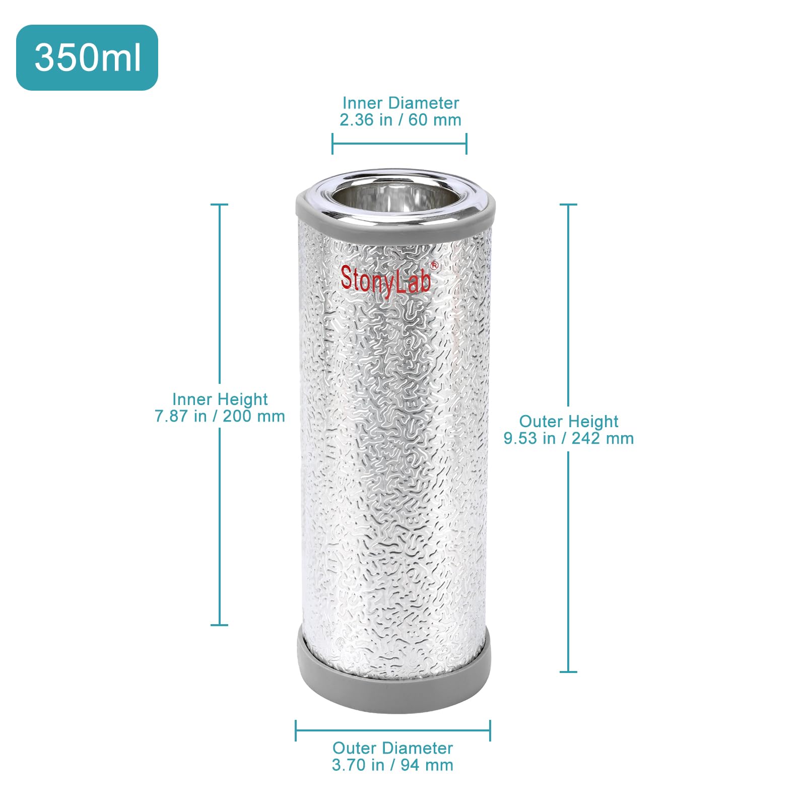 stonylab Butelka Dewar cylindryczna ze szkła borokrzemowego z aluminiową podstawą, 350 ml, głębokość wewnętrzna 200 mm, średnica wewnętrzna 60 mm, do laboratorium i ciekłego azotu
