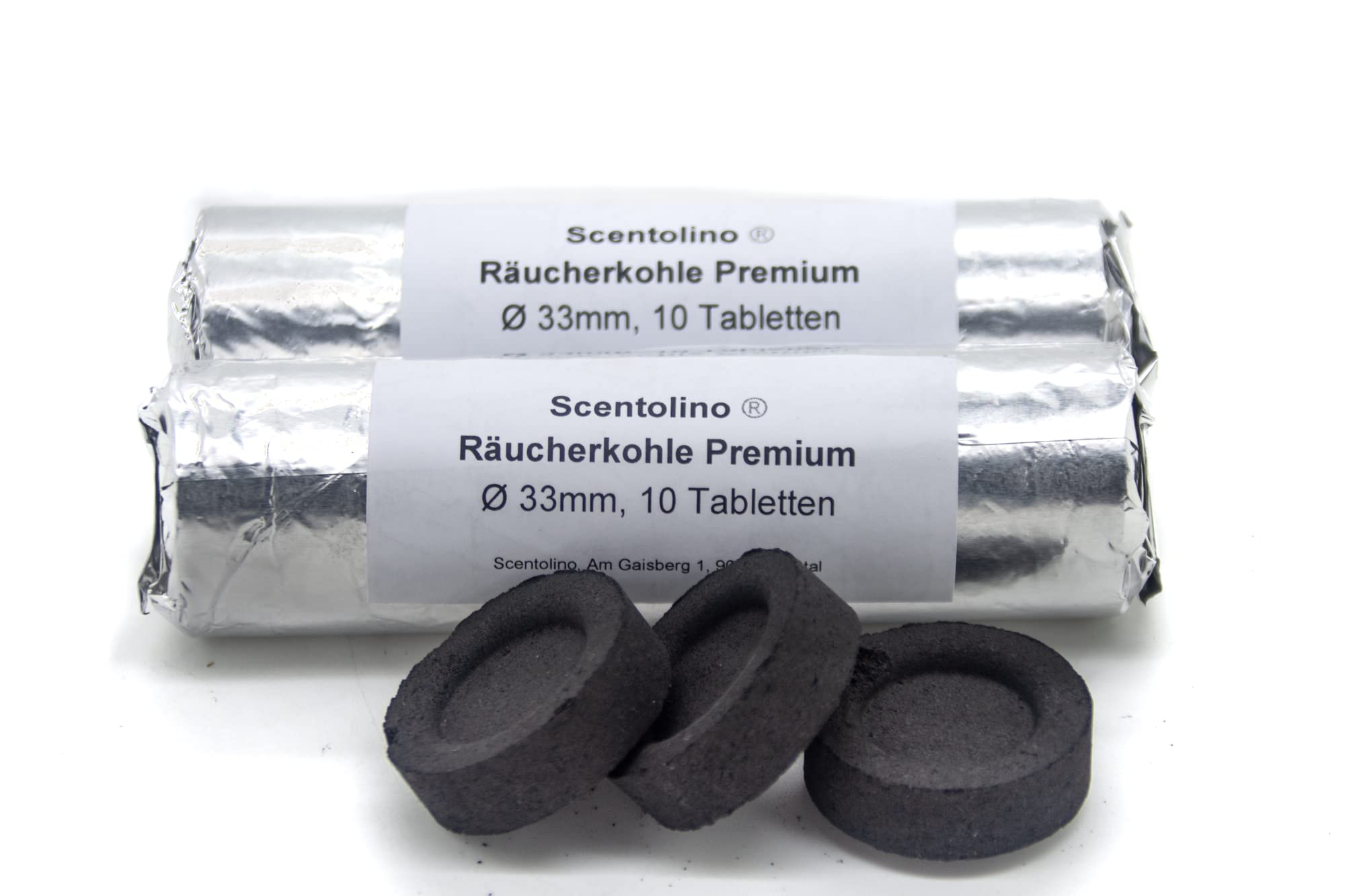 Incense Charcoal 33 mm - Quick Ignition with Approx. 45 Minutes Burning Time - 2 Rolls of 10 Tablets - High Quality Brand Quality from Scentolino for Incense & Incense