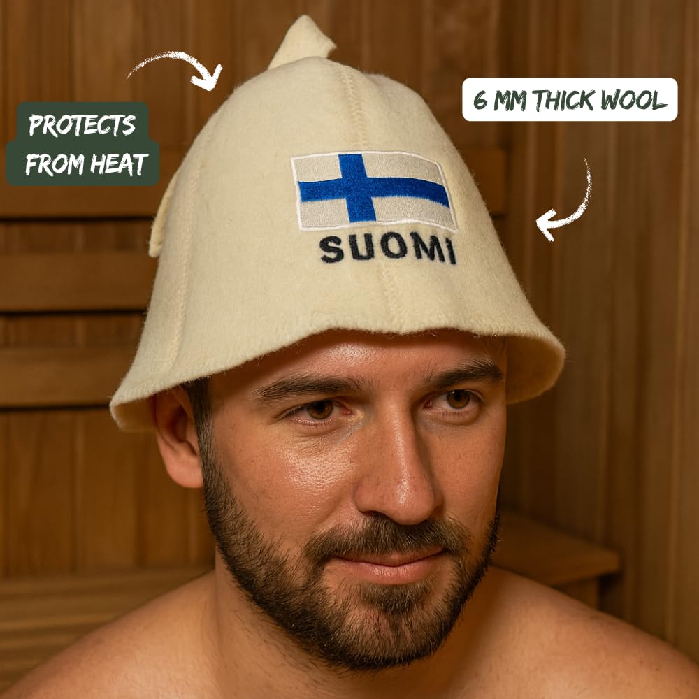 Naturalna czapka do sauny "Finlandia" biała – 100% wełna organiczna filcowa czapka do sauny dla mężczyzn i kobiet do rosyjskiej banii - chroni głowę przed ciepłem - w zestawie e-book