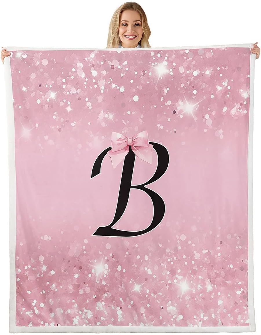 Feelyou Kawaii Pink Bow Fleece Throw Blanket Monogrammed Sherpa Blanket Plush Fuzzy Personalized Initial B Twin 60"x80" Cute Coquette Bow Knot for Bed Couch Chair Living Room Bedroom Decor