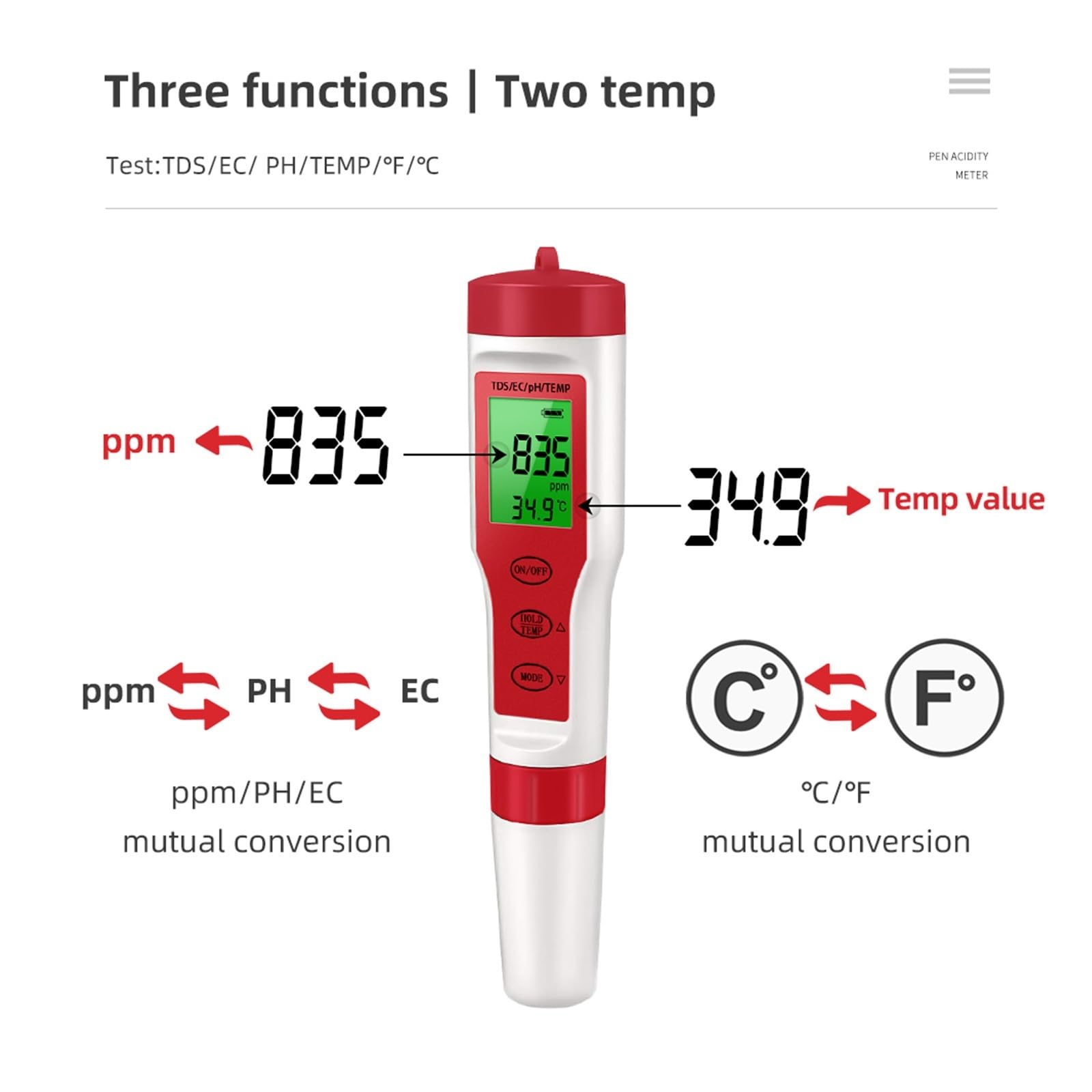 Ph-mètre 4/5/7 en 1 TDS EC ORP salinité S. G, compteur de température avec rétro-éclairage, moniteur numérique qualité l'eau, testeur for Aquarium, Testeur précis(5 in 1 ph meter)