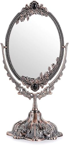 JUXYES Espejo de maquillaje decorativo antiguo de metal con soporte, espejo cosmético giratorio vintage de doble cara con marco, espejo de tocador