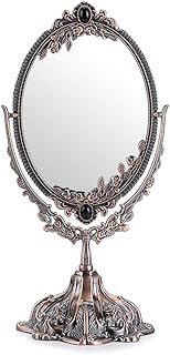 Comprar JUXYES Espejo de Maquillaje Decorativo Antiguo de Metal con Soporte, Espejo cosmético Giratorio Vintage de Doble Cara con Marco, Espejo Ovalado de Escritorio Retro para baño y Dormitorio
