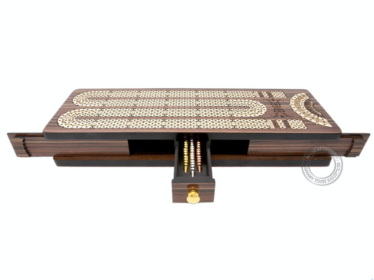 House Of Cribbage Continuous Cribbage Board - 3-Track Rosewood/Maple, 120 Points, 15 Metal Pegs, Storage Box