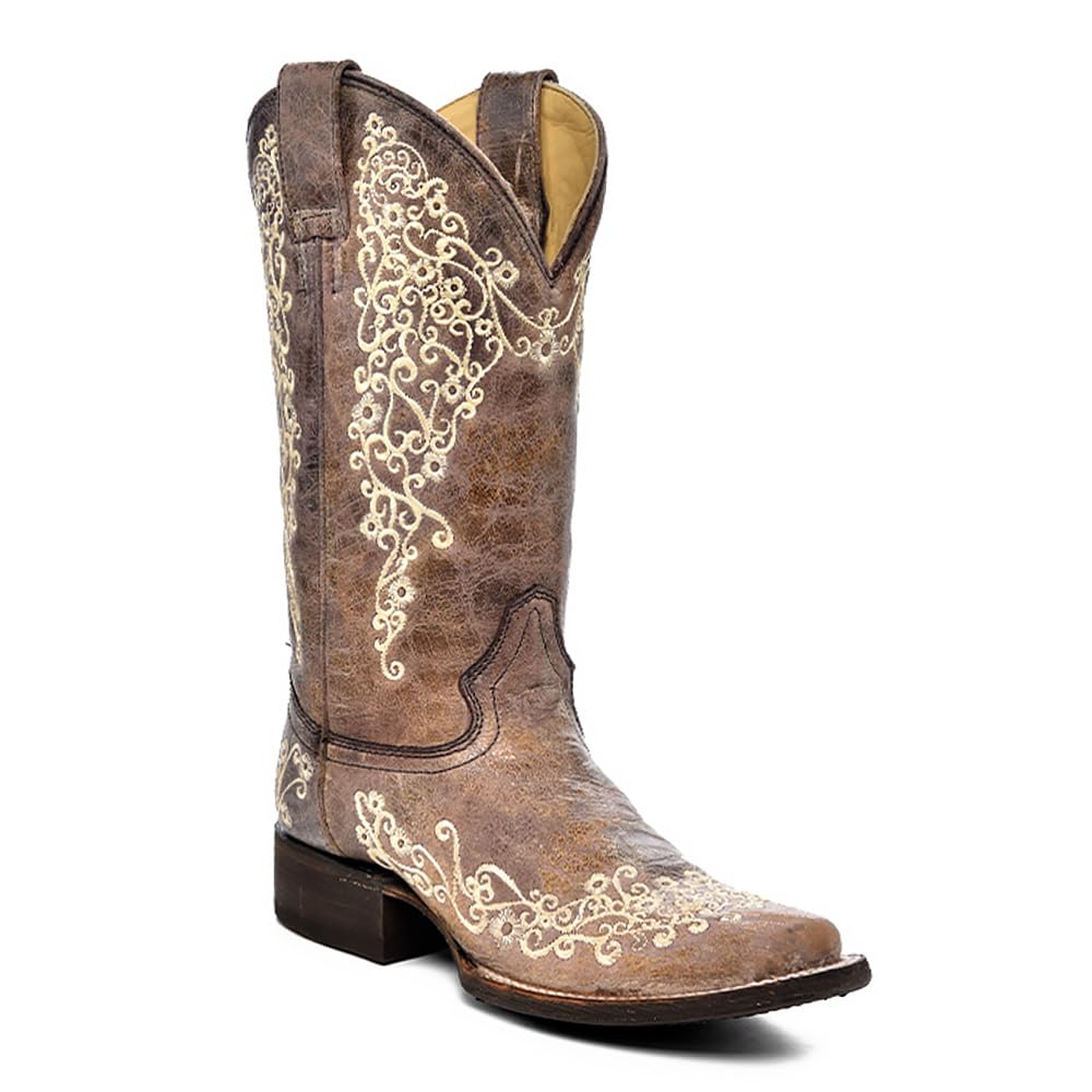 Corral Boots Womens Brown Handcrafted Cowboy Boots Square Toe Western Boots with Embroidered Design