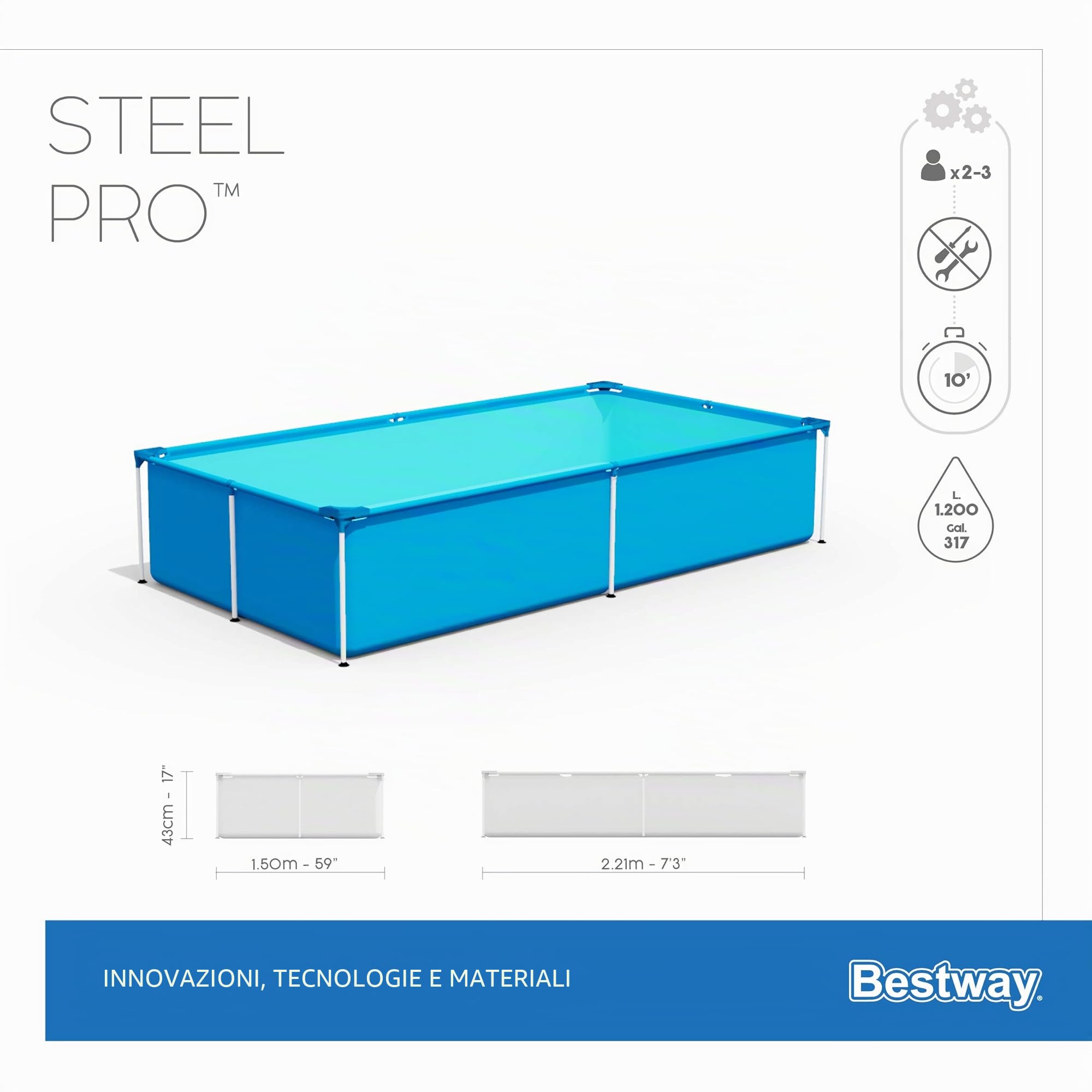 Bestway 56401-3 Piscina Fuori Terra Steel Pro Rettangoalre da 221x150x43 cm
