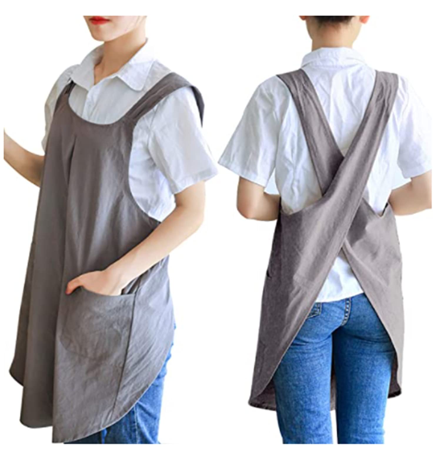 DELFINO Soft Cotton Linen Apron Solid Color Halter Cross Bandage Aprons with 2 Pockets Women’s Cross Back Apron Baking Gardening Cleaning Works Japanese Style X Shape Kitchen Cooking Clothes (Grey)