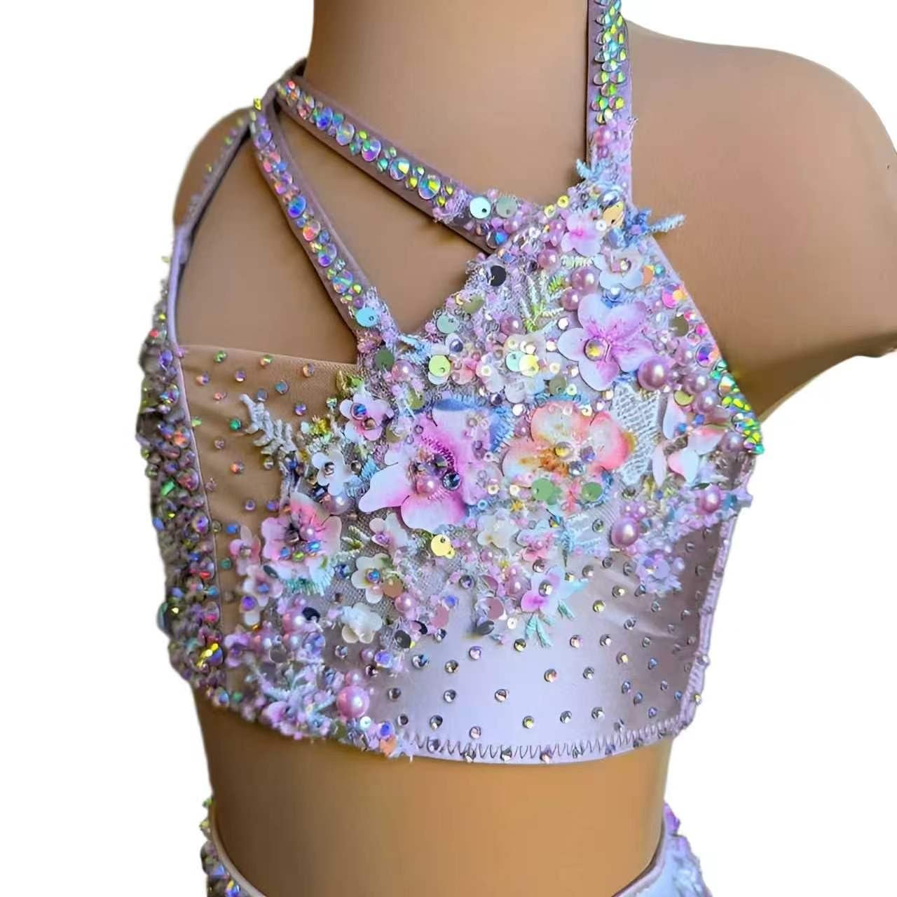 Traje Lírico De 2 Piezas For Niñas, Falda De Tul Adornada Con Lentejuelas Y Diamantes De Imitación Florales Con Espalda Descubierta Y Cuello Halter For Competición