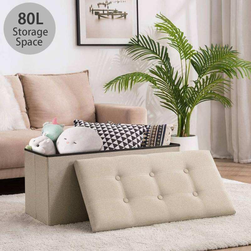 Image of Storage Bench Folding Ottoman Foot Rest Stool, 30 inch Grey Linen Footstool, Short Ottoman Bench, Foot Rest Store as Books, and Blanket Storage or Others