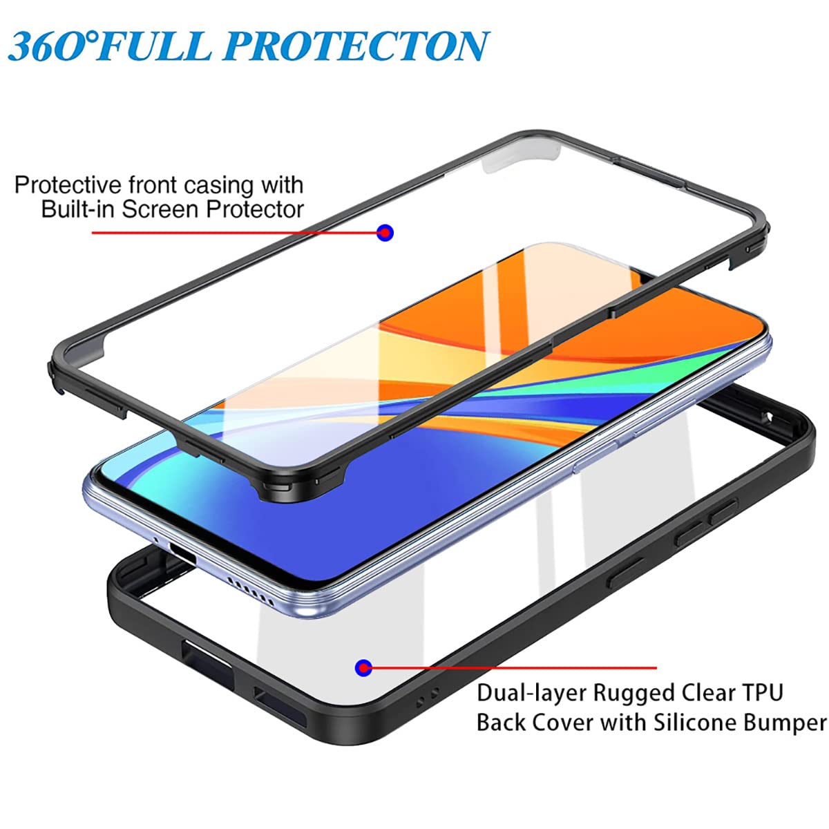 WEIOU Cover per Xiaomi Redmi 9C NFC| Redmi 9C, Doppio Strato Rugged Custodia Antiurto Trasparente PC Soft TPU Sottile Bumper Silicone Protettiva Staccabile Cellulare Case. Nero