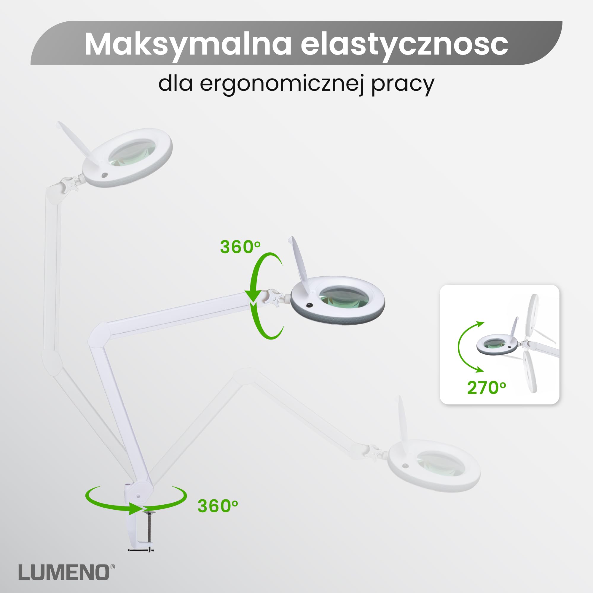 Lumeno 7218GR LED Lampa powiększająca z prawdziwego szkła 127 mm, lampa do pracy, lampa kosmetyczna, odpowiednia dla kosmetyczek, hobbystów, pomoc do czytania, lampa z lupą, 8 dioptrie, szary