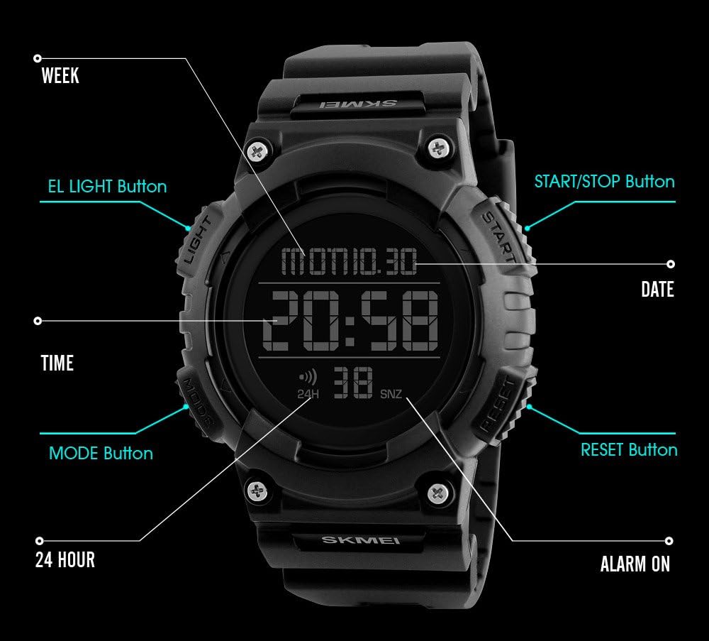 FANMIS Men's Digital Waterproof Sports Watch Military Multifunction Dual Time Countdown Stopwatch Alarm Back Light 50M Waterproof Watch