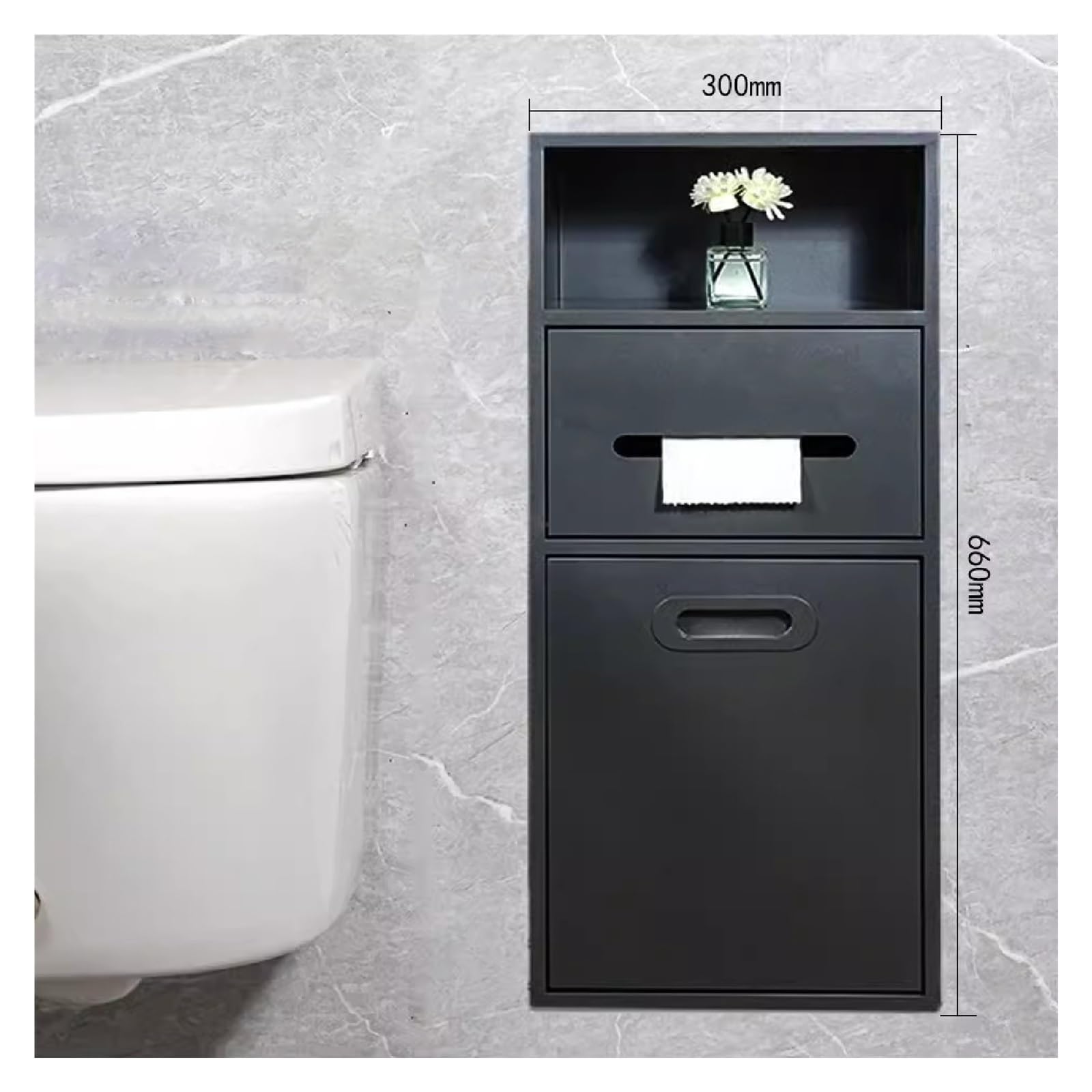 Doccia in acciaio inox – Porta carta igienica impermeabile e bidone della spazzatura da incasso per bagno Sto Shampoo e articoli da toeletta nizer (nero, 66 x 30 x 14 cm)