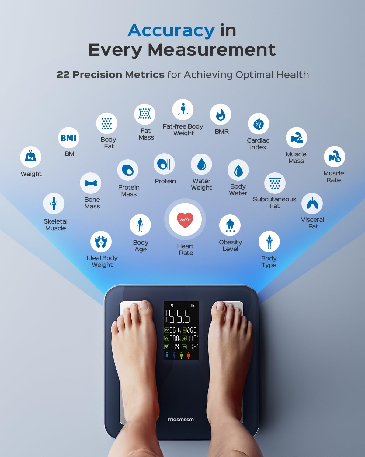 Inteligentna waga do wagi ciała, kwalifikuje się do FCA i HSA, cyfrowa waga łazienkowa z dużym wyświetlaczem 8 w 1, 22 wskaźniki z BMI, tkanką tłuszczową, tętnem, kompatybilna z systemami iOS