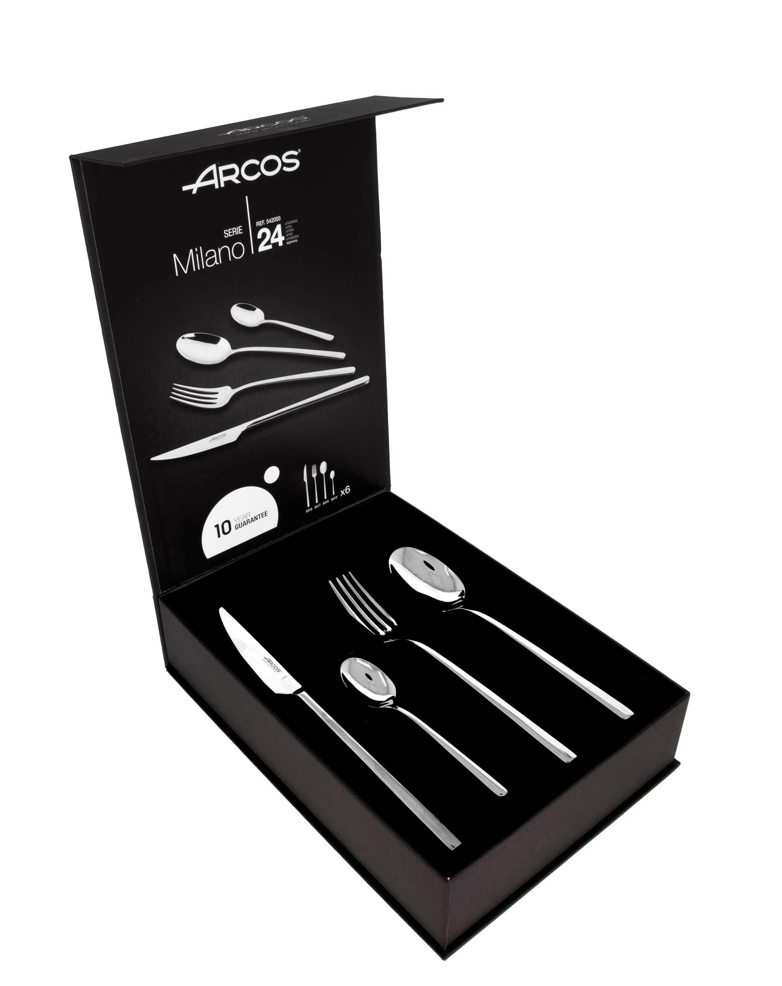 Arcos Serie Milano - Cubertería de 24 piezas en Caja de Regalo (6 Cuchillos + 12 Cucharas + 6 Tenedores) - Monoblock de una pieza en Acero Inoxidable - Color Plata