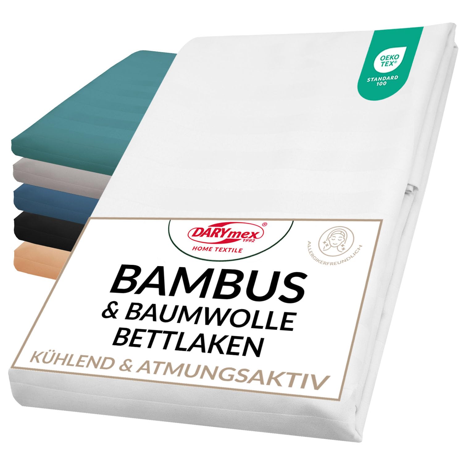 DarymexFlaches Laken ohne Gummizug, 220x260 cm, Satin, Weiß | Satiniertes Betttuch mit Streifenmuster, 50% Bambusviskose & 50% Baumwolle, weich, temperaturregulierend