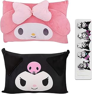 Cartoon Cute Pillowcase Anime Double Sided Plush Pillowcase Girl Bedroom Decoration Cute Cotton Pillowcase + Cute Cartoon Hairpin (Black+Pink)