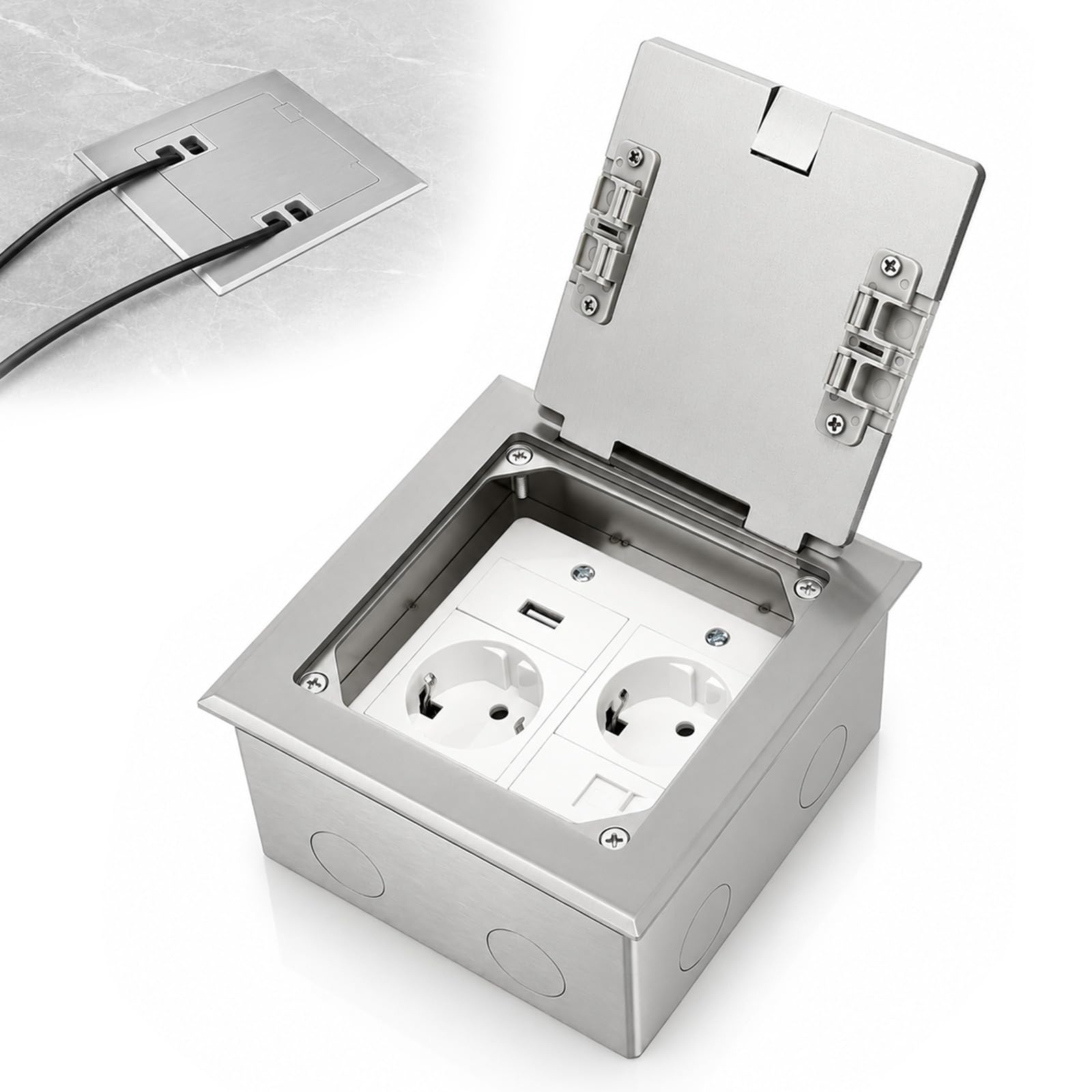 Prise de Sol Encastrable en Acier Inoxydable avec 2 Prises AC, 1 USB et 1 RJ45, 16A AC250V Prise de Sol Étanche, Prises Etanche Exterieur pour Intérieur Extérieur Bureau Salon Terrasse