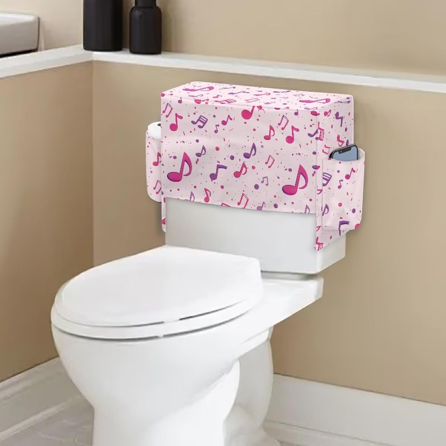 Music Note Pattern Toilet Tank Cover with 2 Storage Bags Portable Fabric Protector for A Lid Toilet Tank, Dustproof Bathroom Decor Accessories image 3