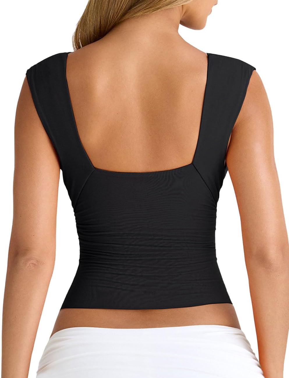 YFANG Women's Sexy Deep V-Neck Ruched Sleeveless Crop Tank Top Stretchy Double Layer Slim Fitted Going Out Crop Top - Image 2