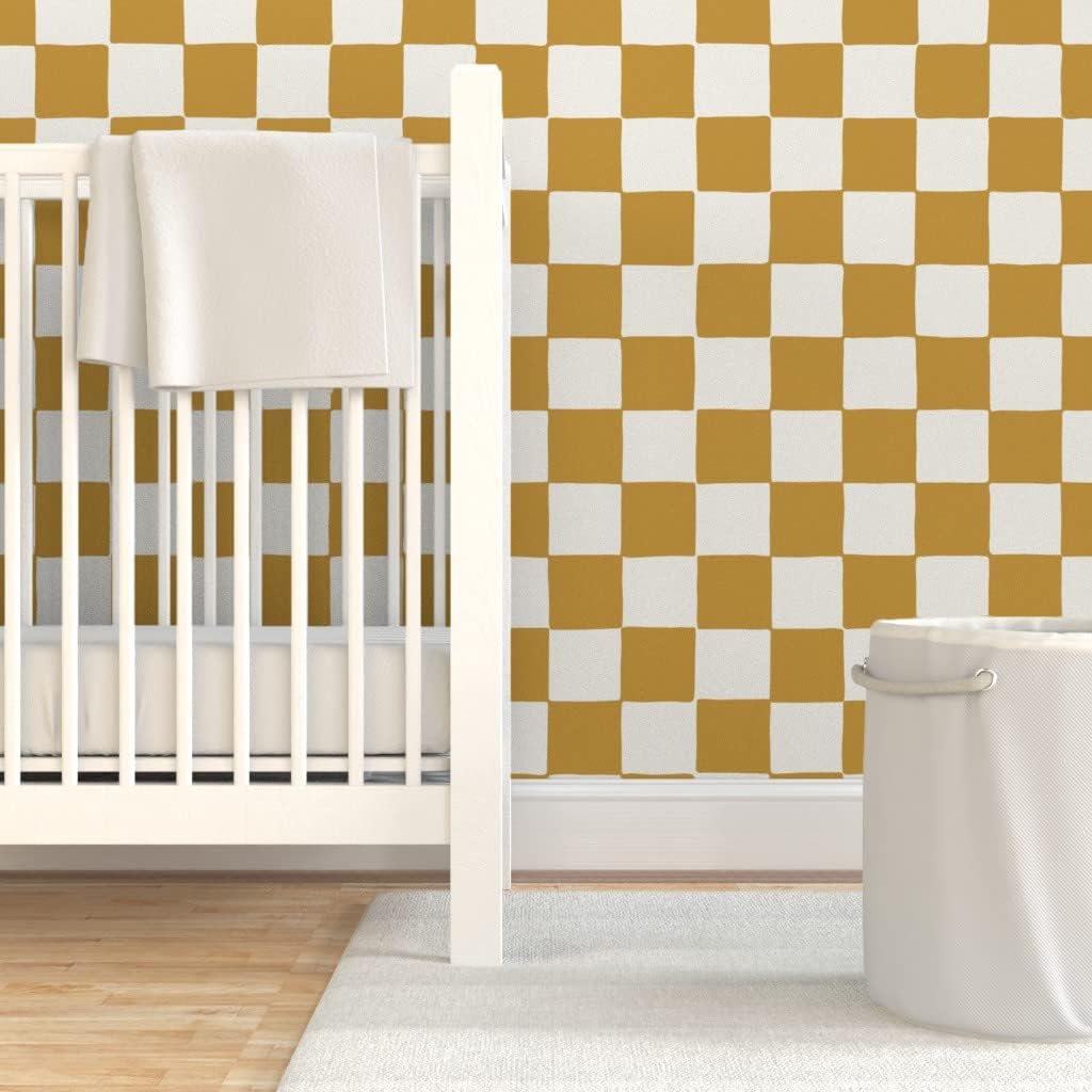 Peel & Stick Wallpaper 3ft x 2ft - Retro Checkerboard Checkered Mustard Yellow Custom Removable Wallpaper by Spoonflower