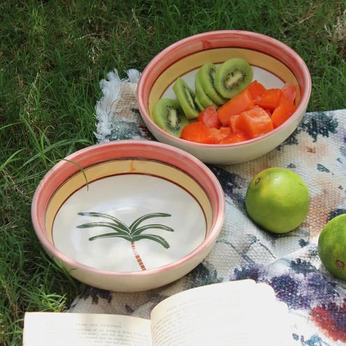 Image of Ceramic Snack Bowl Set for Serving, Dessert & Fruits | Multipurpose Kitchen Bowls Set | Premium Aesthetic Small Serving Bowl Palm Tree Design | Pack of 1| 700ml