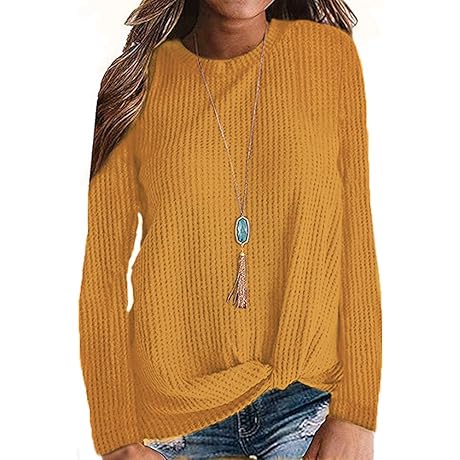 Women's Casual Long Sleeve Twist Knot Waffle Knit Shirts Top