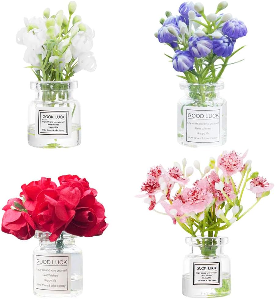 Set of 4 Cute Mini Rose Flower Vase Car Dashboard Decorations Self-Adhesive Mini Vase with Artificial Flowers Ornaments Car Interior Accessories,Jasmine+Cherry Blossom+Rose+Lavender
