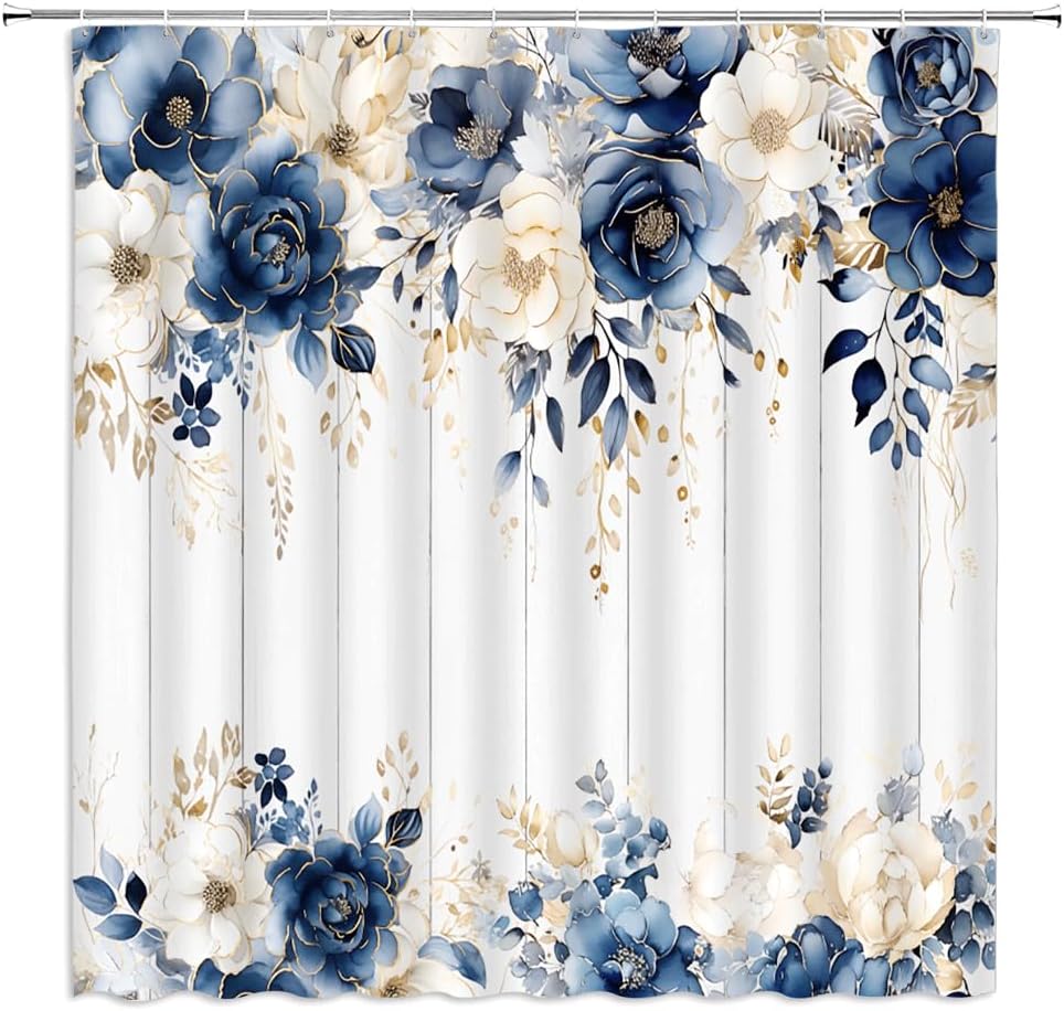 Spring Floral Shower Curtain Watercolor Navy Blue Weeping Flower Blossom Farmhouse Leaves Wildflower Rustic Wooden Board Bathroom Decor Fabric Curtains with Hook 80Wx70H Inches