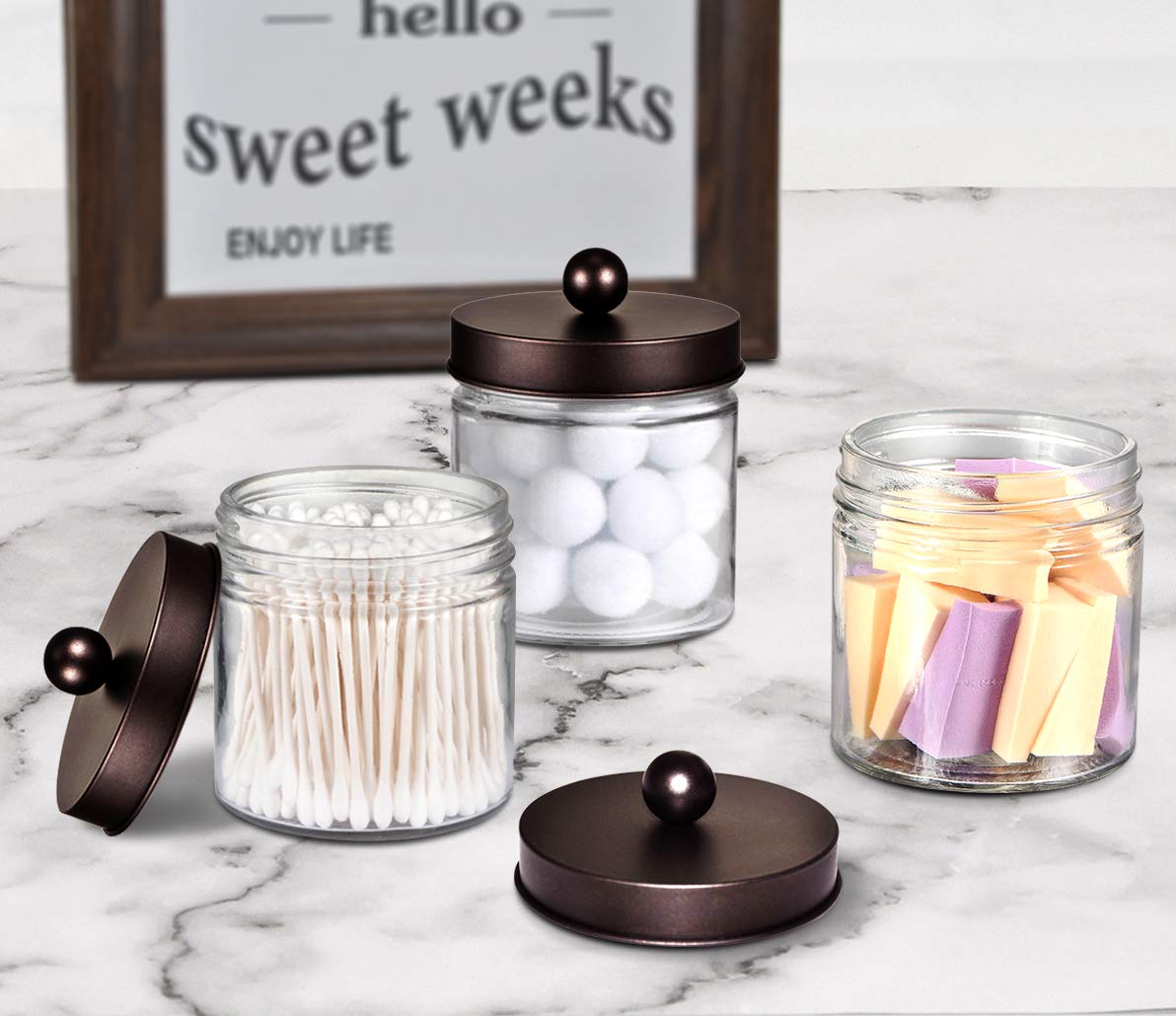 SheeChung Organizadores y almacenamiento de baño, paquete de 2 soportes Qtip, frascos de boticario para bastoncillos de algodón, redondos, bolas, Qtips, esponjas de maquillaje, hilo dental, sales de